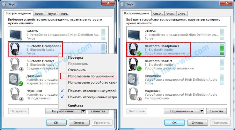 Nastavení sluchátek Bluetooth v systému Windows 7, pokud není slyšet žádný zvuk