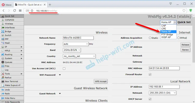 RouterOS v6.34.2 upravljačka ploča na MikroTik hAP Lite TC