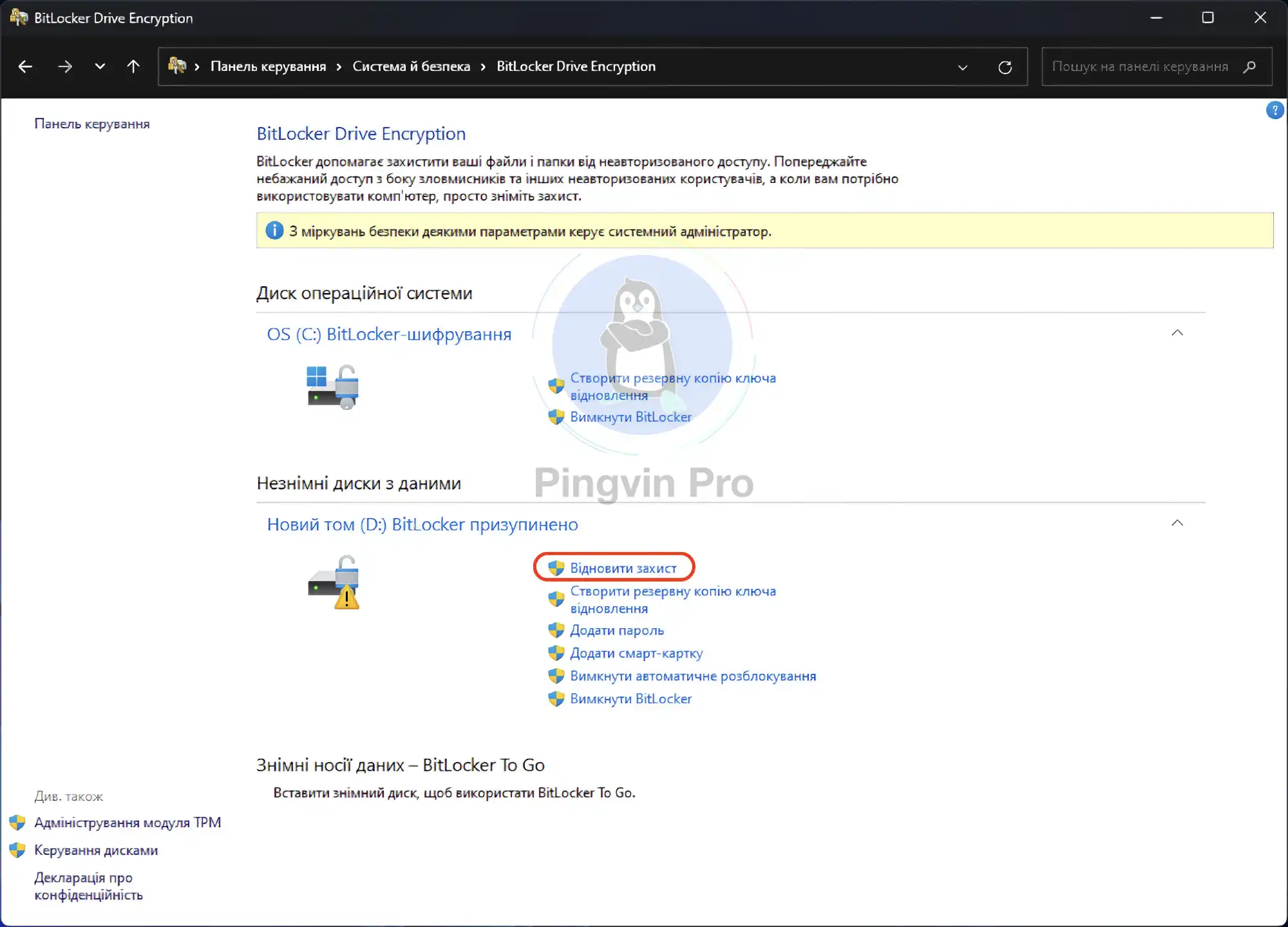 Прибрати жовтий трикутник на диску D у Windows 11 (увімкнути BitLocker Drive Encryption Tool)