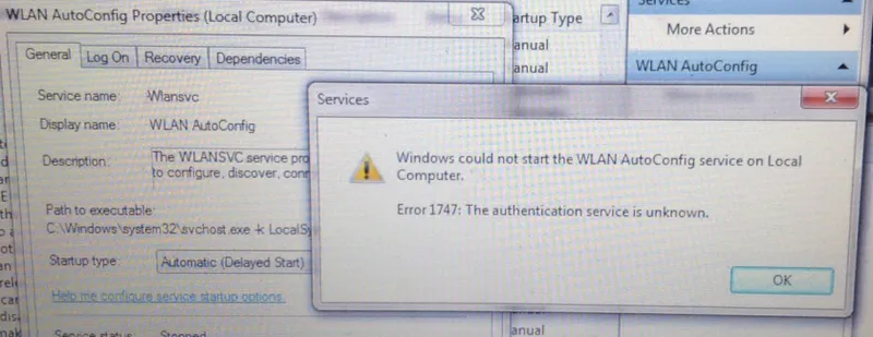 Pogreška 1747 prilikom pokretanja usluge WLAN za Wi-Fi za rad u sustavu Windows