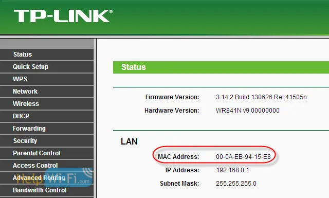  MAC adresa u postavkama usmjerivača Tp-Link