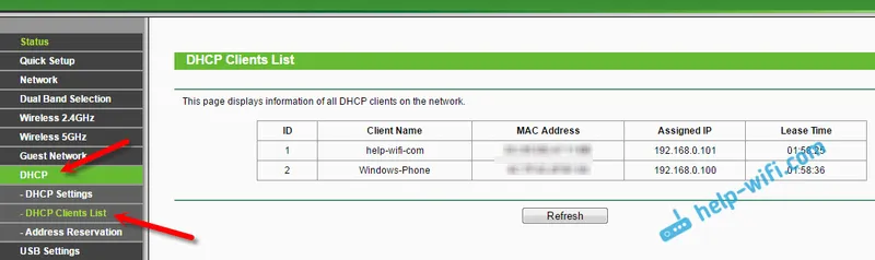 Promatramo popis DHCP klijenata usmjerivača TP-LINK