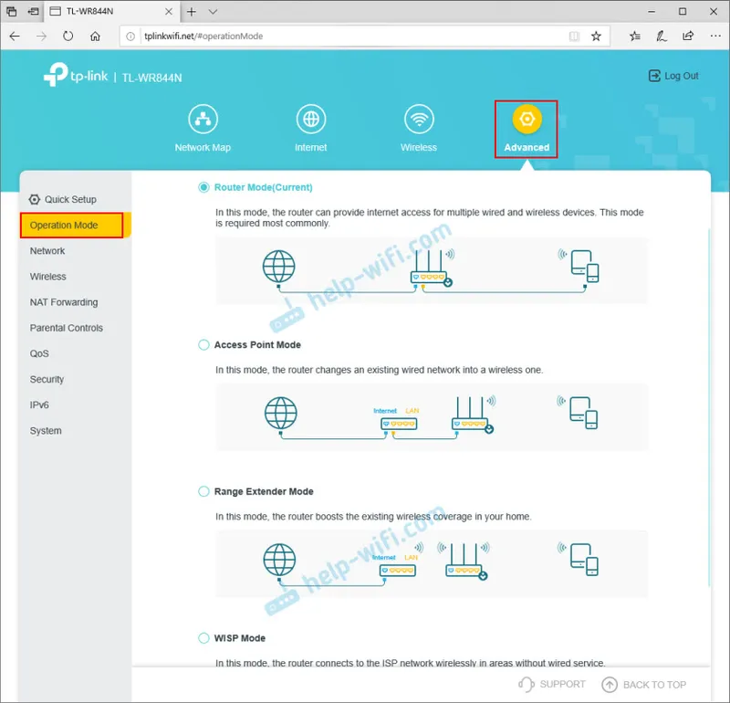 Промяна на работния режим на TL-WR844N: повторител, точка за достъп