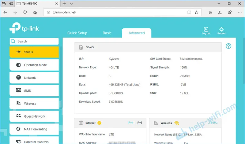 Stav připojení 3G / G4 na TP-Link TL-MR6400