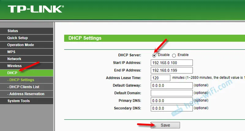 Onemogućite DHCP server na pristupnoj točki TP-Link