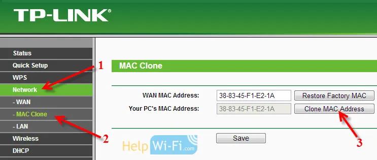 Klonirajte MAC na TL-WR940N / TL-WR941ND