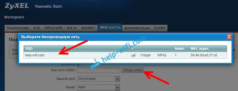 Výber siete Wi-Fi na pripojenie smerovača k internetu